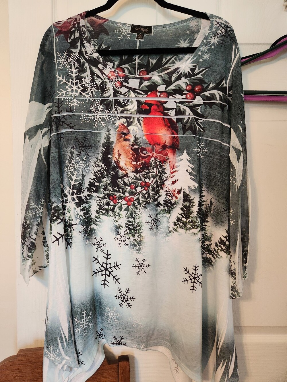 Cal Style, Cardinal & Winter Forest Graphic Tunic Top, sz XL